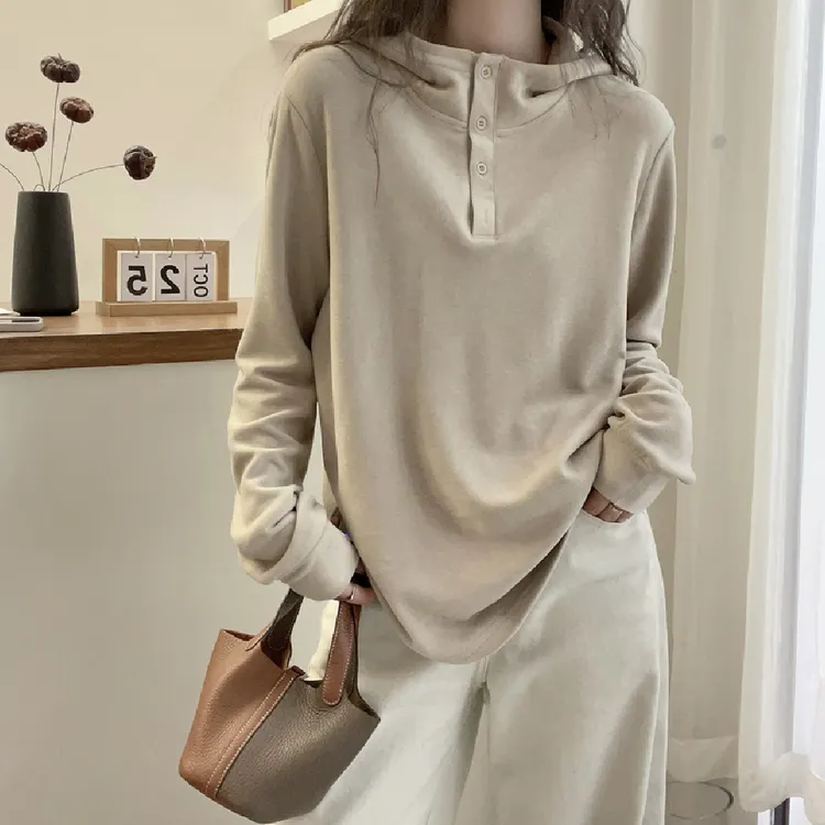 秋冬新款女士时尚宽松保暖连帽复古简约褶皱拼接纯色套头德绒卫衣