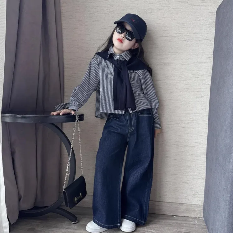 女童2025秋季新款韩版洋气条纹披肩衬衫套装中大童休闲牛仔阔腿裤