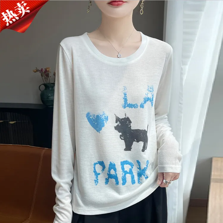哥弟阿玛施正品扎染猫咪长袖针织衫女内搭圆领上衣T恤早秋季薄款