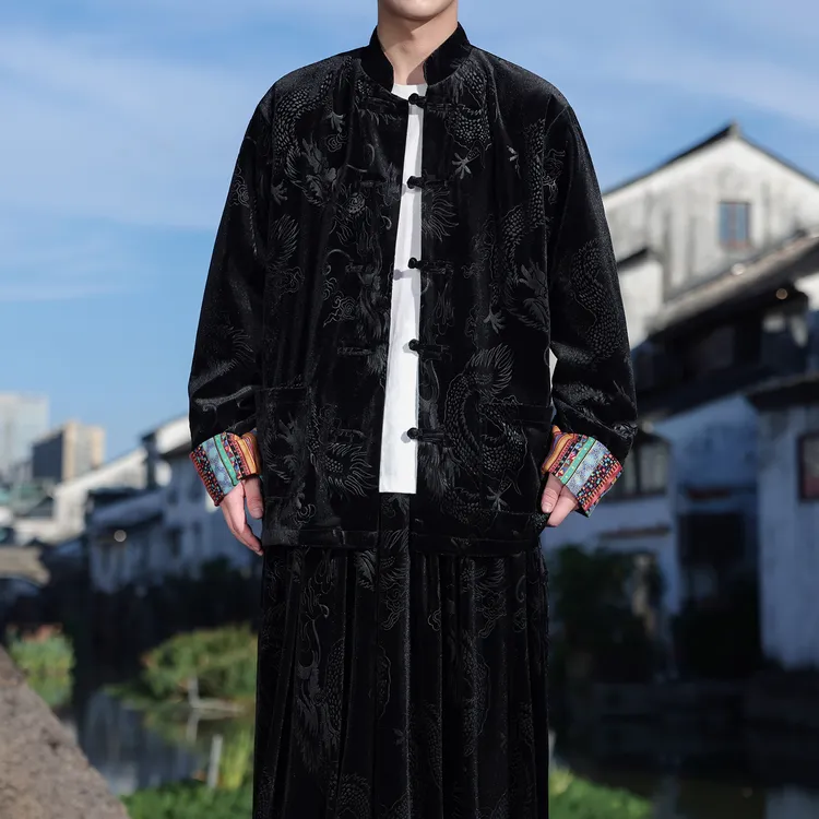 中国风男装唐装高级感金丝绒茶服外套秋季新中式龙纹提花宽松汉服