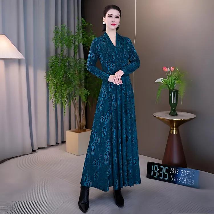 香衣丽华302-272长款过膝大摆连衣裙修身显瘦气质简约长裙