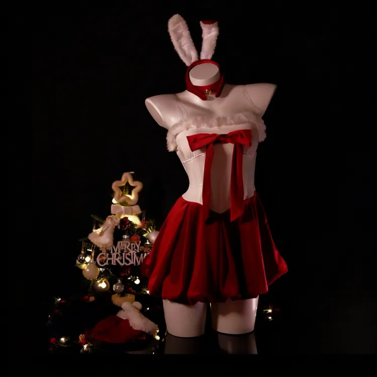 【姒悦Siyue】圣诞纯欲风红色抹胸性感连衣裙兔女郎cos套装
