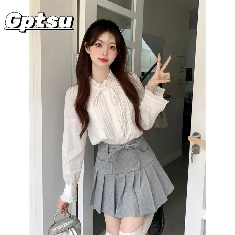 GPTSu白色打底木耳花边系带立领衬衫女春秋宫廷长袖衬衣内搭上衣
