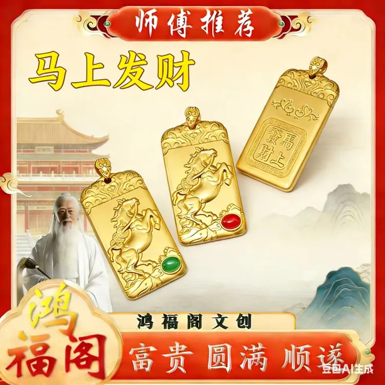 【师傅推荐】中国风【马上发財】电镀古法马上有钱生肖马年吊坠挂件商品图