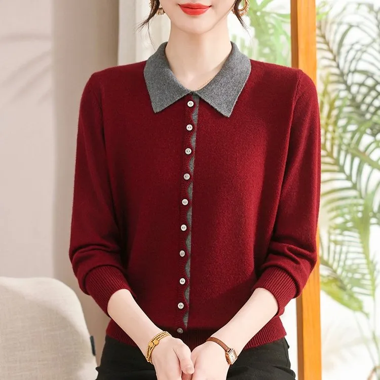 妈妈装秋季新款时尚翻领针织上衣中老年女2025年秋装洋气打底小衫