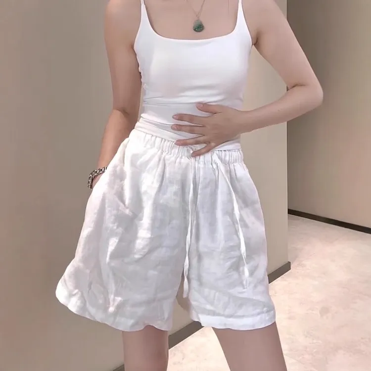 白色棉麻直筒透气短裤女2025夏季新款小个子宽松显瘦四分阔腿裤