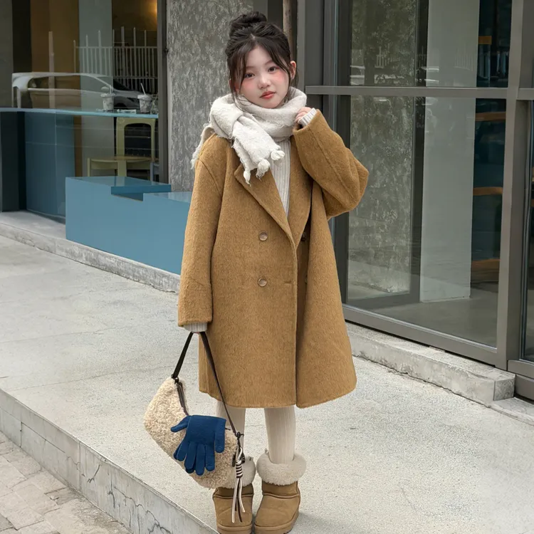 女童羊毛大衣2025新款女孩大童初中生秋冬富家千金感长款呢子外套