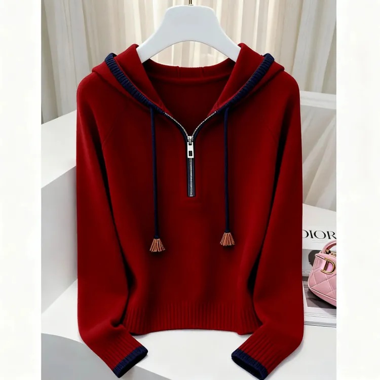 韩系气质慵懒风拼色连帽针织衫女秋冬新款休闲百搭宽松显瘦上衣潮