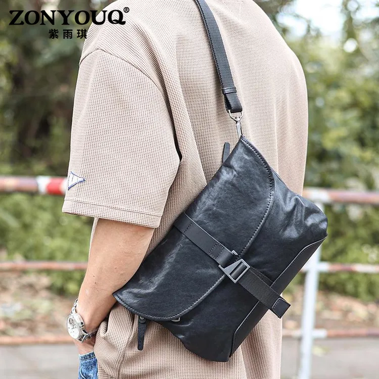 紫雨琪新款男士休闲真皮男包斜挎包潮通勤单肩包牛皮多功能胸包