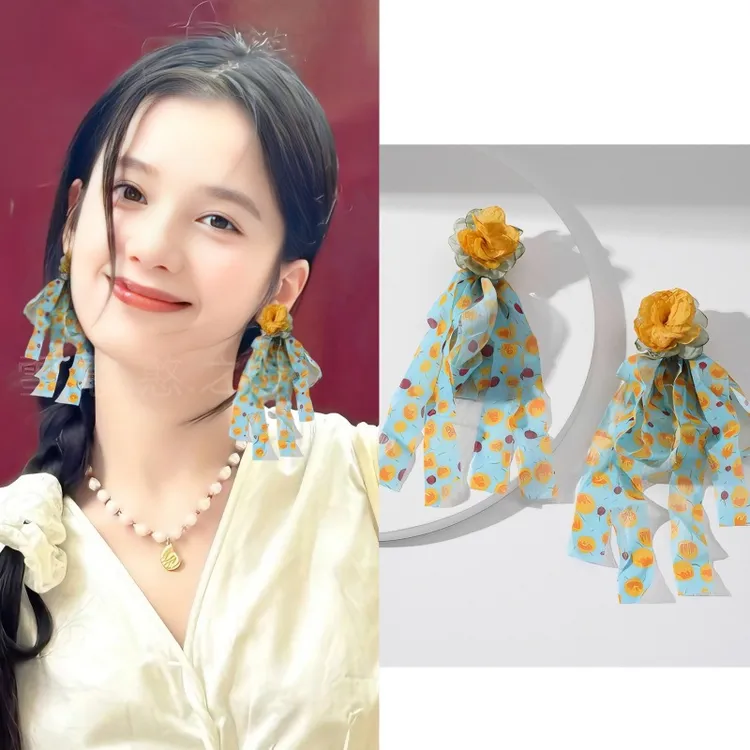 铜合金耳饰 张婧仪同款超仙雪纺耳环女2025年新款海边度假风耳钉