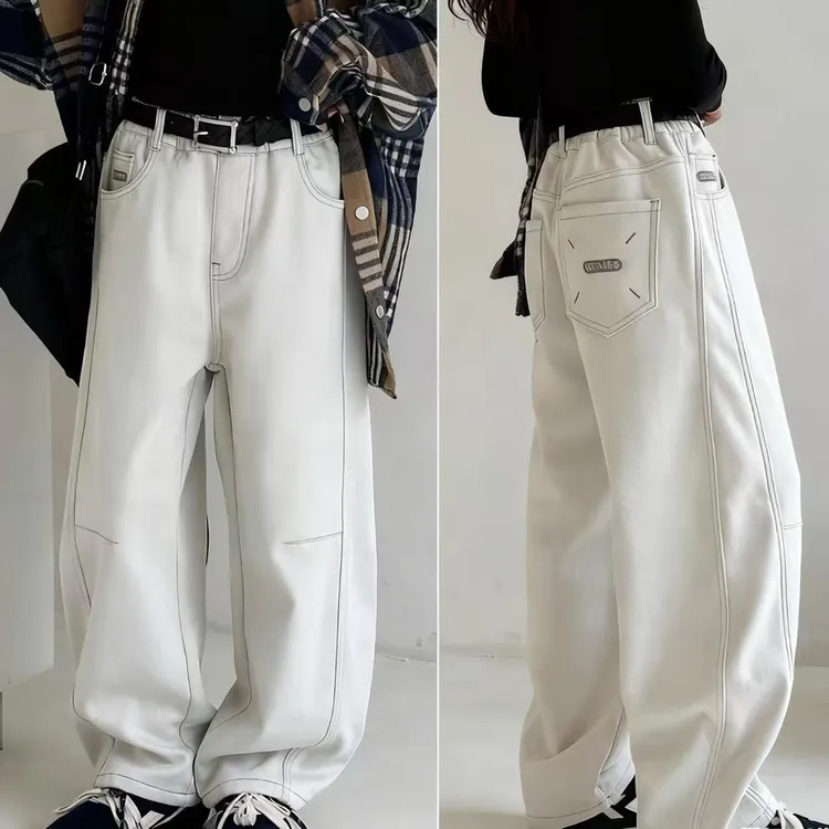 花田涧BORAQIN原创韩版童装2025冬季儿童加绒纯色刺绣字母牛仔裤