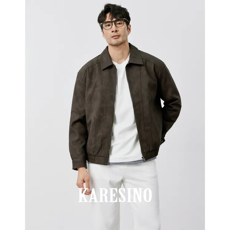 KARESINO美式休闲男士黑色翻领皮衣男修身秋季短款机车夹克男外套