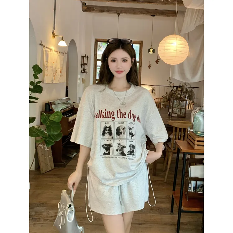 大码小狗字母印花圆领抽绳短袖T恤女夏慵懒显瘦套装半身裙两件套