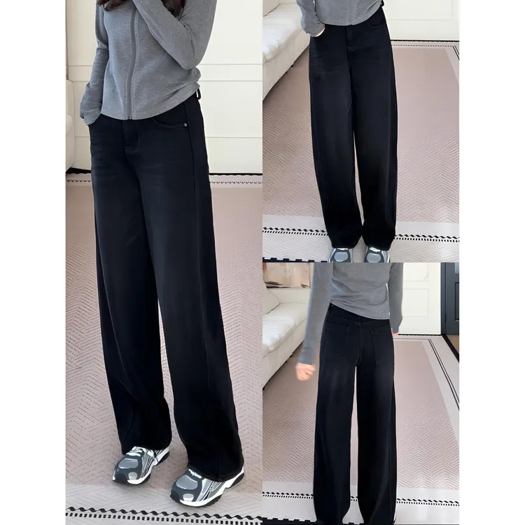 【余欢欢】冬季韩版显瘦百搭三色密密绒牛仔弯刀裤-YHK50460