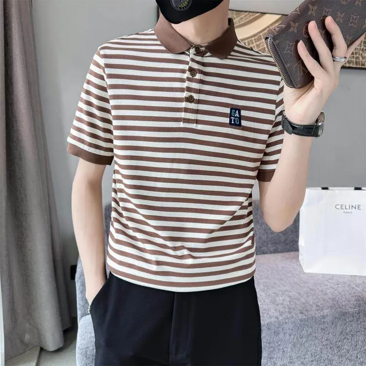 条纹polo衫男夏季潮牌条纹撞色刺绣半袖t恤2025新款翻领修身短袖