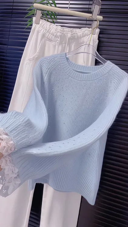 韩系时尚减龄亮钻针织衫秋冬流行穿搭新款2025年拼接蕾丝圆领毛衣