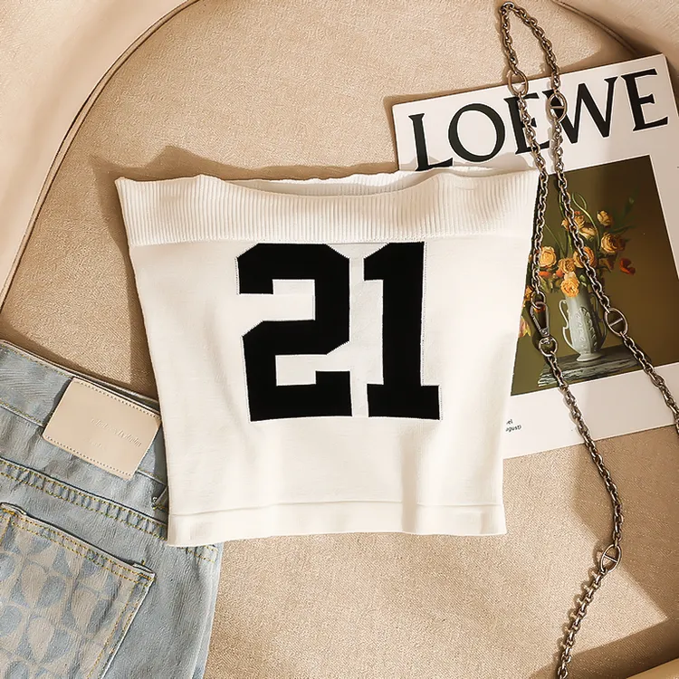 美式数字刺绣针织抹胸背心女装夏季修身显瘦短款辣妹修身外穿上衣