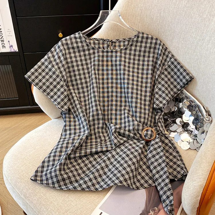 收腰不规则格子短袖衬衫女2025年夏季新款遮肚子显瘦别致漂亮上衣