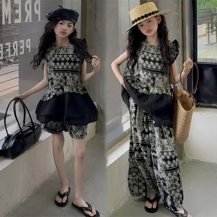 女童夏季套装2025新款洋气大童无袖复古印花上衣夏装儿童短裤长裤