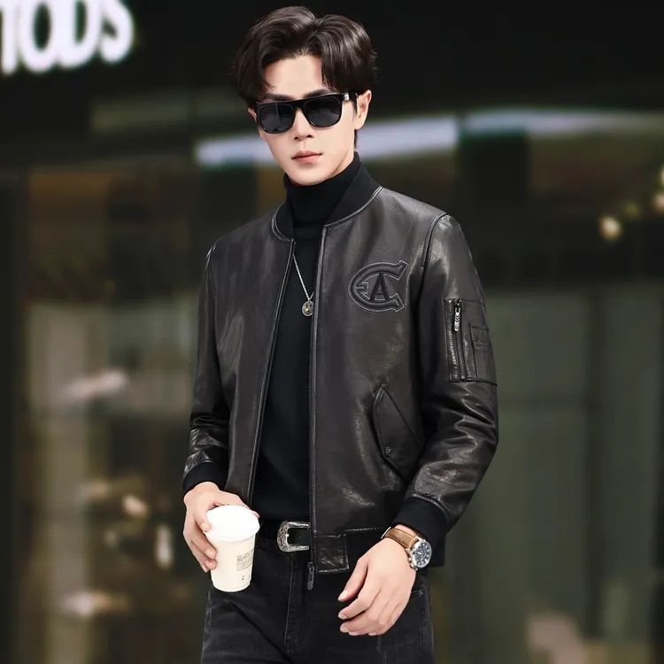 2025新款秋季海宁真皮皮衣男士正品绵羊皮棒球领皮夹克短款外套