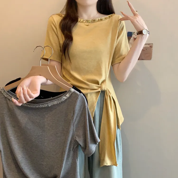 2025新款时尚设计感小众一字肩烫钻短袖T恤女修身显瘦不规则上衣