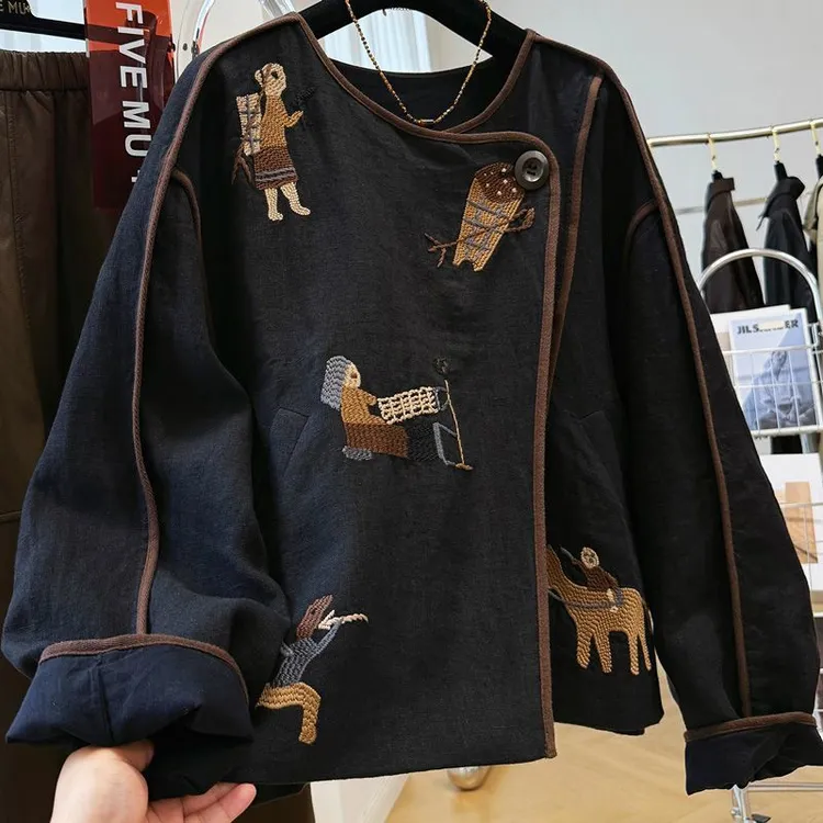重工刺绣圆领短款外套女秋季新款宽松百搭夹克上衣