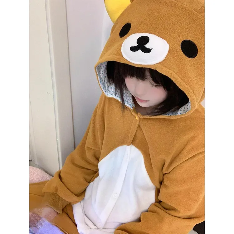 MODX轻松熊睡衣女款秋冬季珊瑚绒加厚连体男睡袍情侣成人一体式家