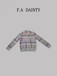 F.A[费尔岛]翻领提花针织开衫外套女休闲短款羊毛毛衣