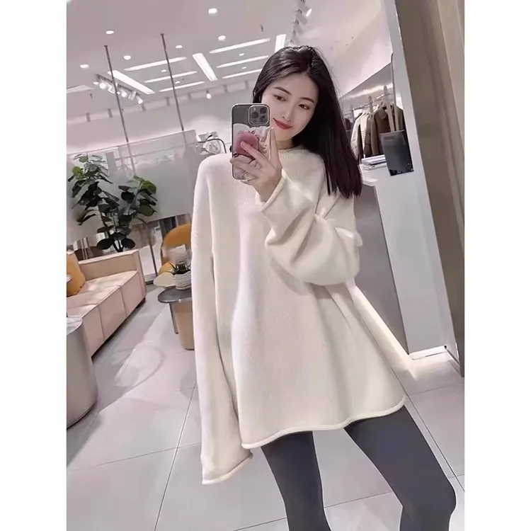 韩系软糯慵懒风百搭显瘦中长款2025秋冬新款设计感卷边针织上衣女