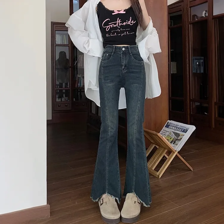 2025早秋新款窄版微喇牛仔裤女新款毛边设计感胖妹妹mm显瘦遮肉