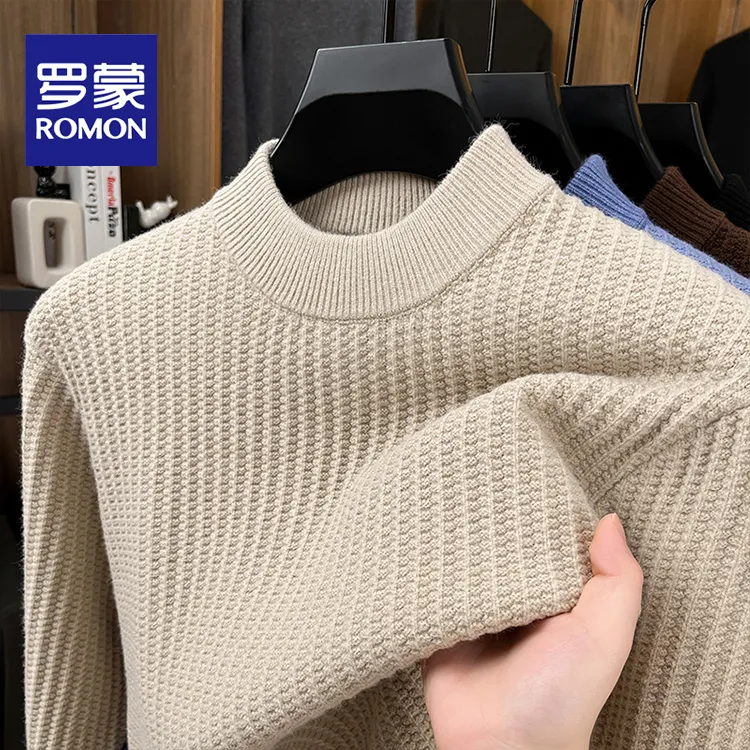 Romon/罗蒙男士秋冬季新款半高领提花加厚毛衣男款针织打底衫休闲