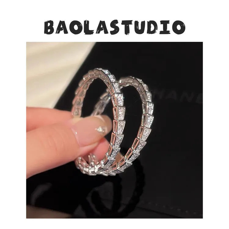 铜合金合成锆石耳饰 高级感银色女耳环个性气质奢华蛇形镶嵌满钻