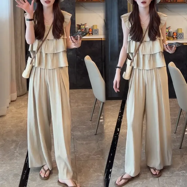 2025夏季新款韩系减龄荷叶边无袖吊带背心宽松休闲直筒裤两件套