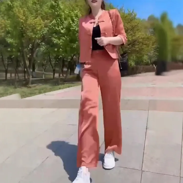 2025夏季新款国风短款外套时尚气质洋气百搭宽松直筒裤显瘦套装女