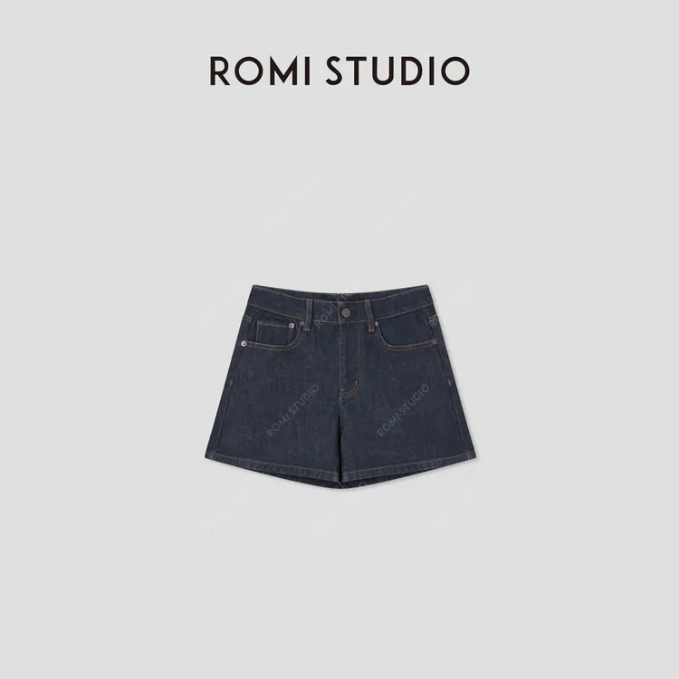 ROMI STUDIO“休闲复古”棉质高腰撞色明线A字牛仔短裤 RWCRXA3769