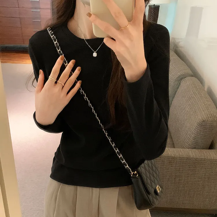 欧货基础纯色简约圆领长袖T恤女秋冬新款修身潮牌内搭打底衫上衣