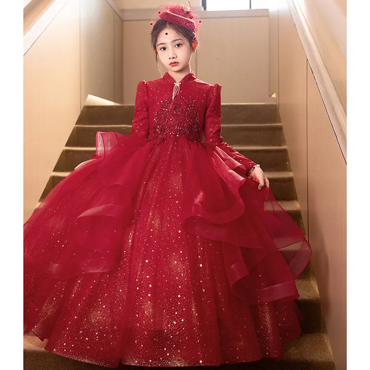 女童宴会演出服生日高级轻奢春季新款红色优雅公主风格礼服