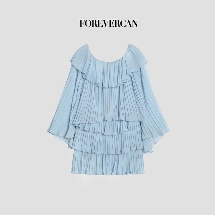 FOREVERCAN“海盐沙冰”立裁系列6.8m雾霾蓝连衣裙SD18695