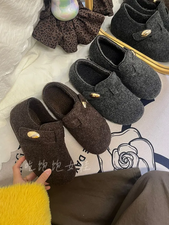 厚底灰色勃肯鞋女加绒毛毛豆豆鞋2025新款冬季鞋子一脚蹬乐福棉鞋