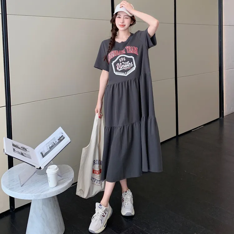 大码宽松遮肚长款t恤连衣裙2025新款女夏季胖mm休闲长裙显瘦裙子