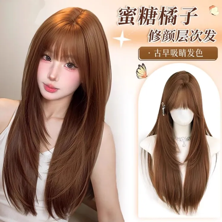 高层次假发女焦糖暖棕色自然长直发齐刘海女团时尚网红整顶全头套