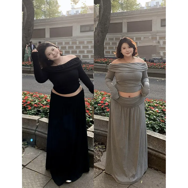 全球花【心动信号】大码辣妹风一字肩裙套装长袖露肩上衣高腰半身裙