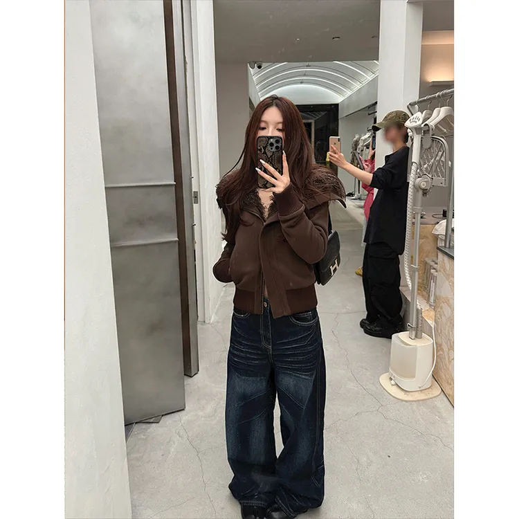 设计感斜拉宽松翻领无帽卫衣外套女秋冬新款复古休闲开衫夹克上衣