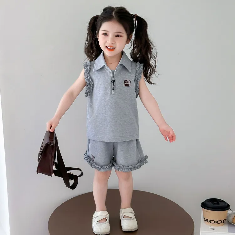 女童套装2025夏季新款儿童洋气休闲夏装POLO领无袖上衣短裤两件套