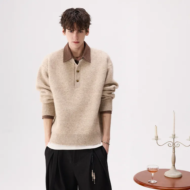 CHICERRO西西里男装假两件牛仔衬衫领毛衣休闲打底宽松秋冬翻领