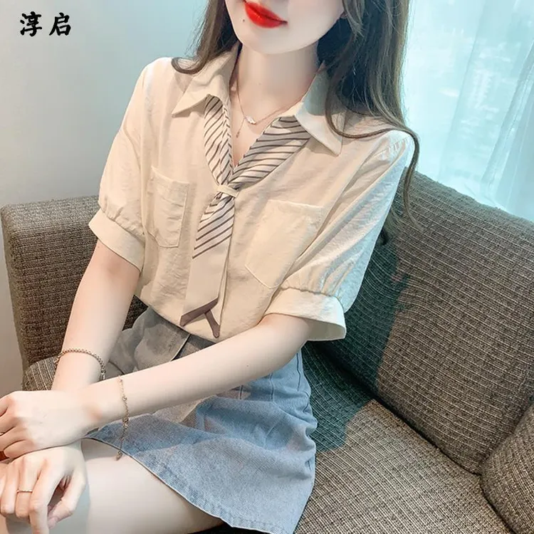 淳启时尚减龄短袖衬衫女夏季高级感雪纺小衫高档洋气独特别致上衣