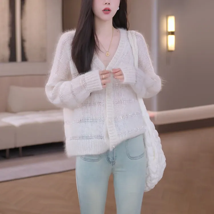 韩系漂亮针织开衫高级感丝线小衫女装2025秋季新款宽松慵懒风上衣