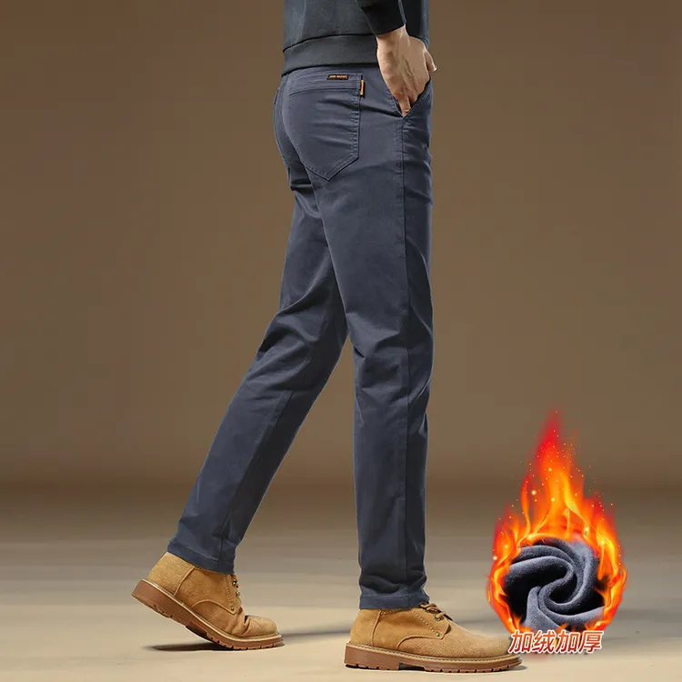 香港秋冬款男士纯棉加绒加厚灰色休闲裤修身直筒商务中年百搭长裤
