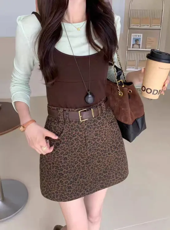 【瑶瑶专属】5280【裙长38】新款韩版复古简约休闲百搭豹纹半身裙高腰