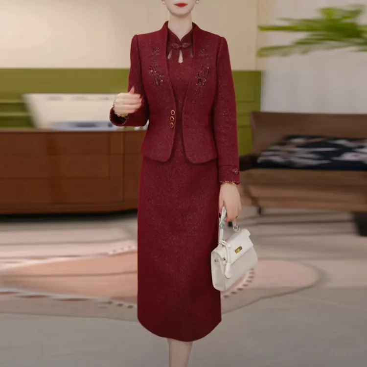 雪花绒婚宴礼服裙2025秋冬季新款高级感红色加厚保暖套装连衣裙子